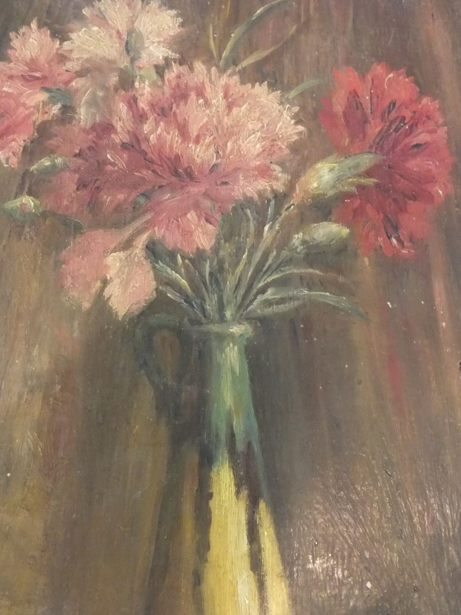 Old painting on panel - still life with carnations, signed P.Loiseau