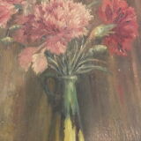 Old painting on panel - still life with carnations, signed P.Loiseau