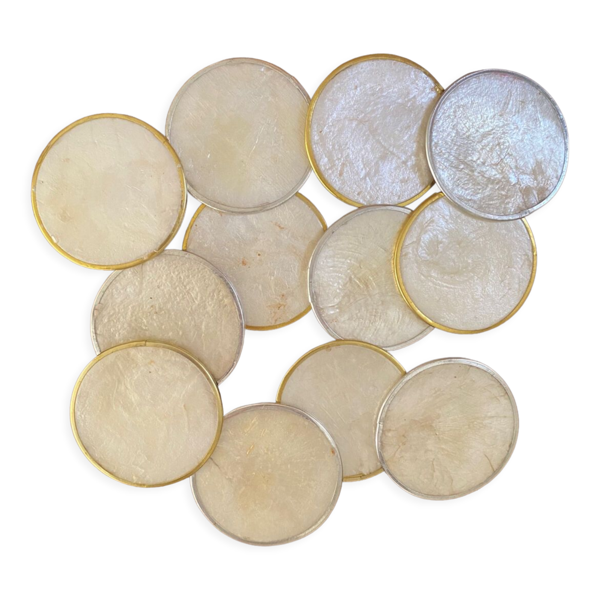 Set of 12 coasters in mother-of-pearl and gilded metal