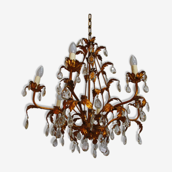 6-light bronze and Bohemian crystal chandelier, early 20th century