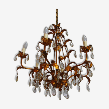 Lustre à 6 lumières en bronze et cristal de Bohême début XXe siècle