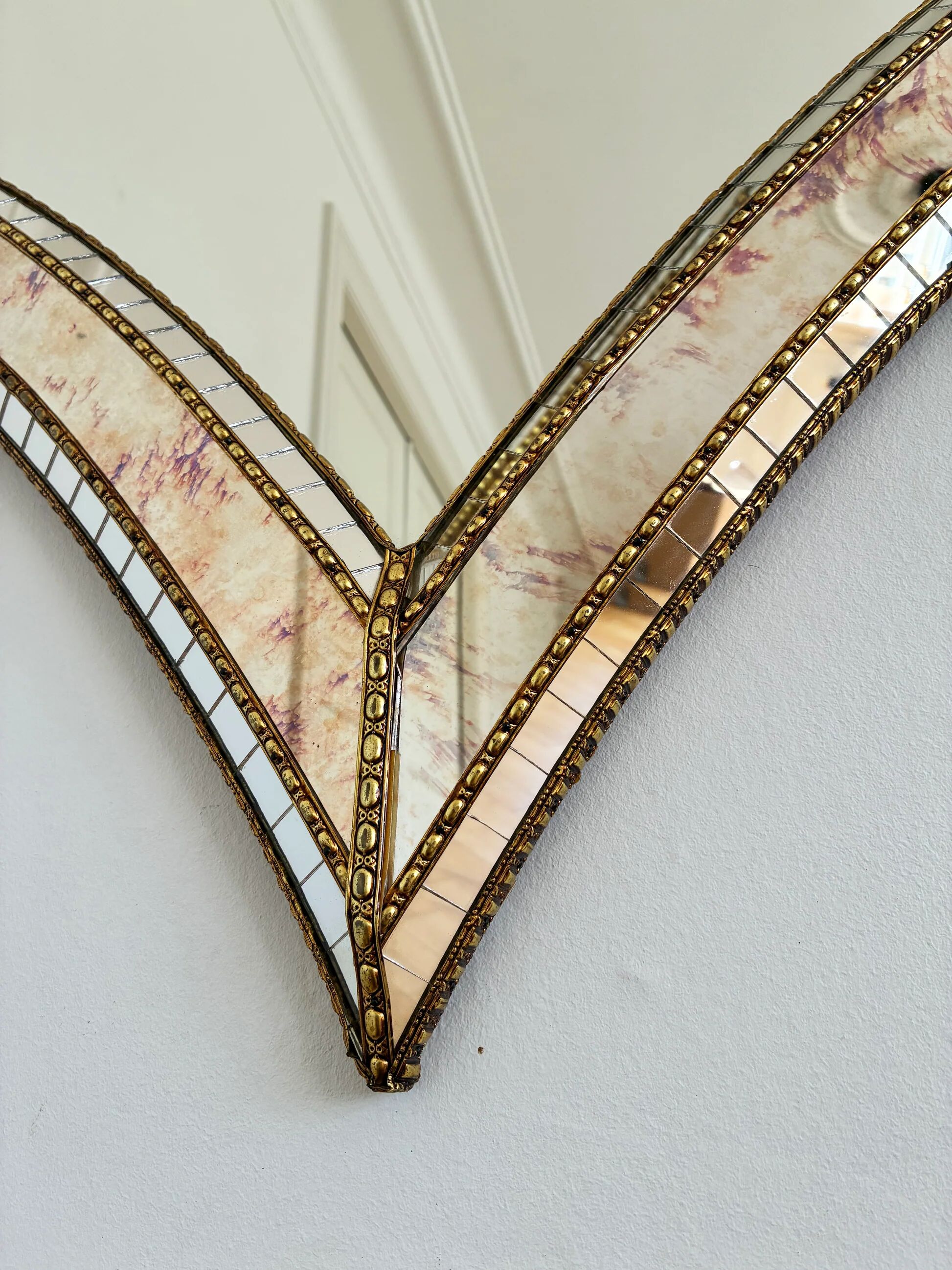 Large vintage Spanish Venetian-style wall mirror, brass, 1980s Hollywood Regency