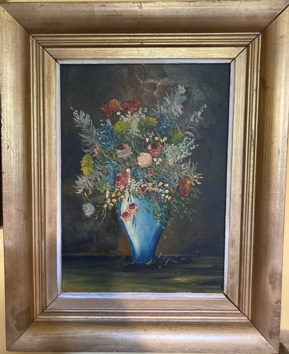 F. Domínguez, floral bodegones, 1945, oil on cardboard box, game of 2