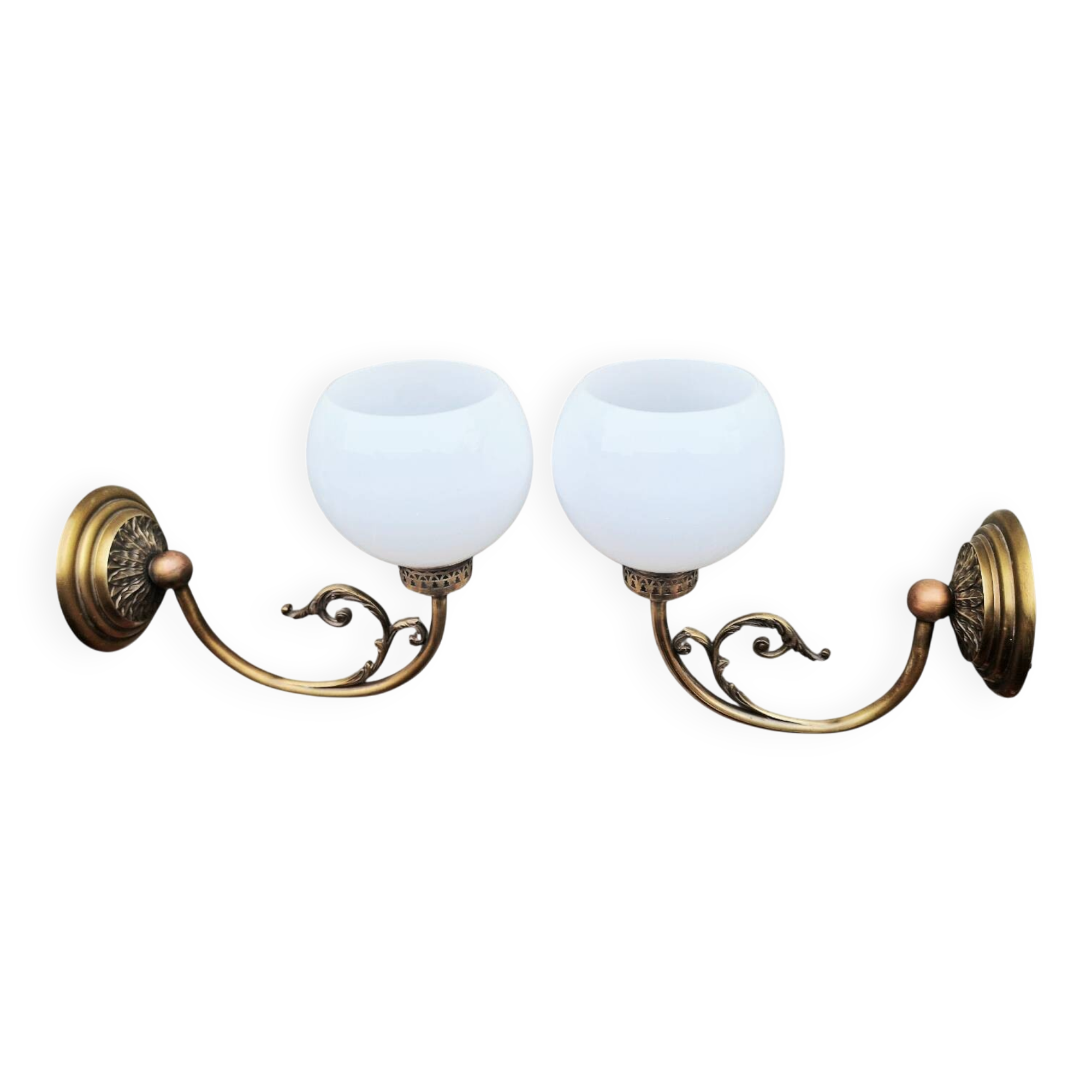 Pair of Napoleon III style brass and opaline wall lights