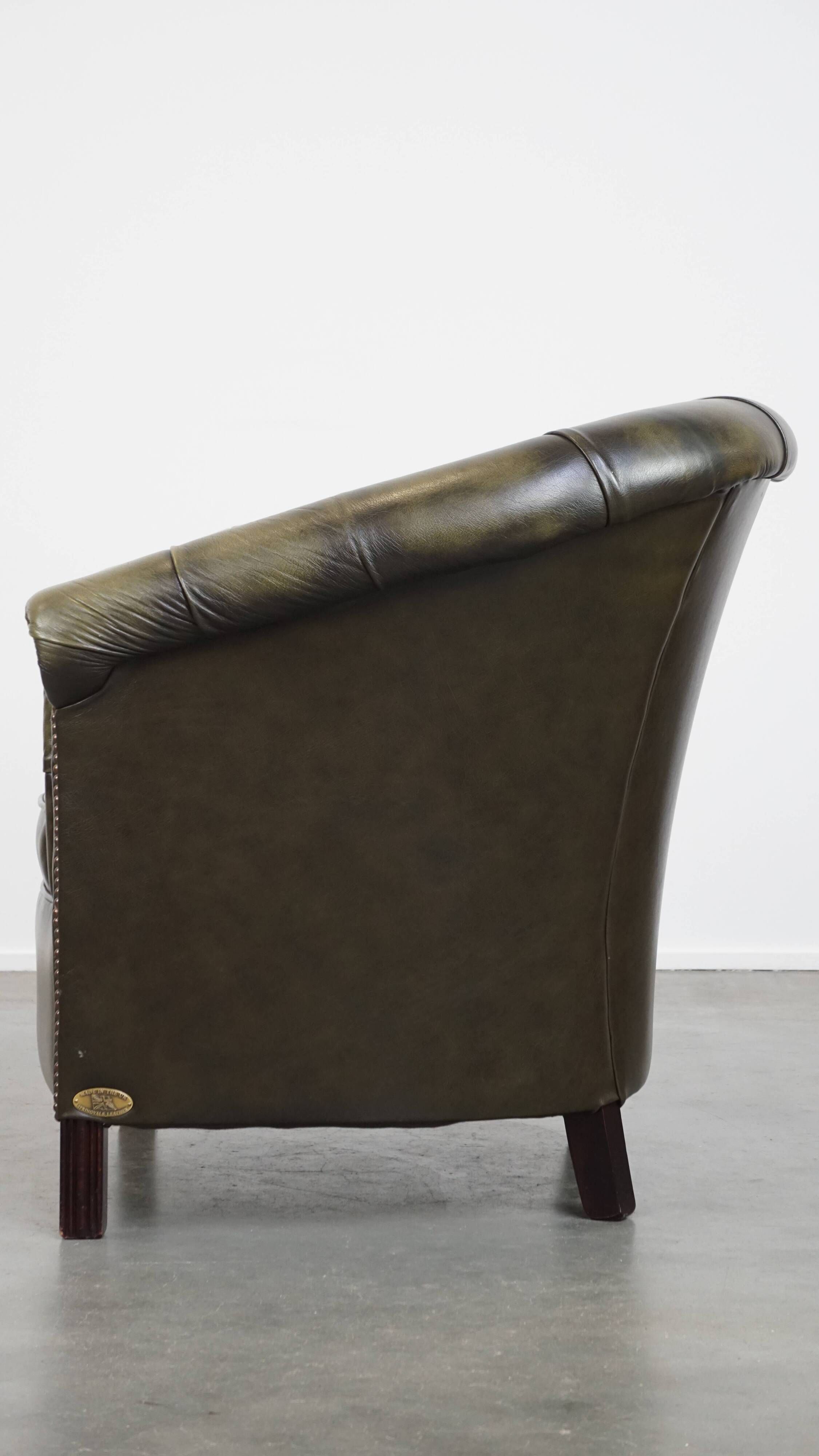 English Chesterfield club chair in olive green cowhide leather