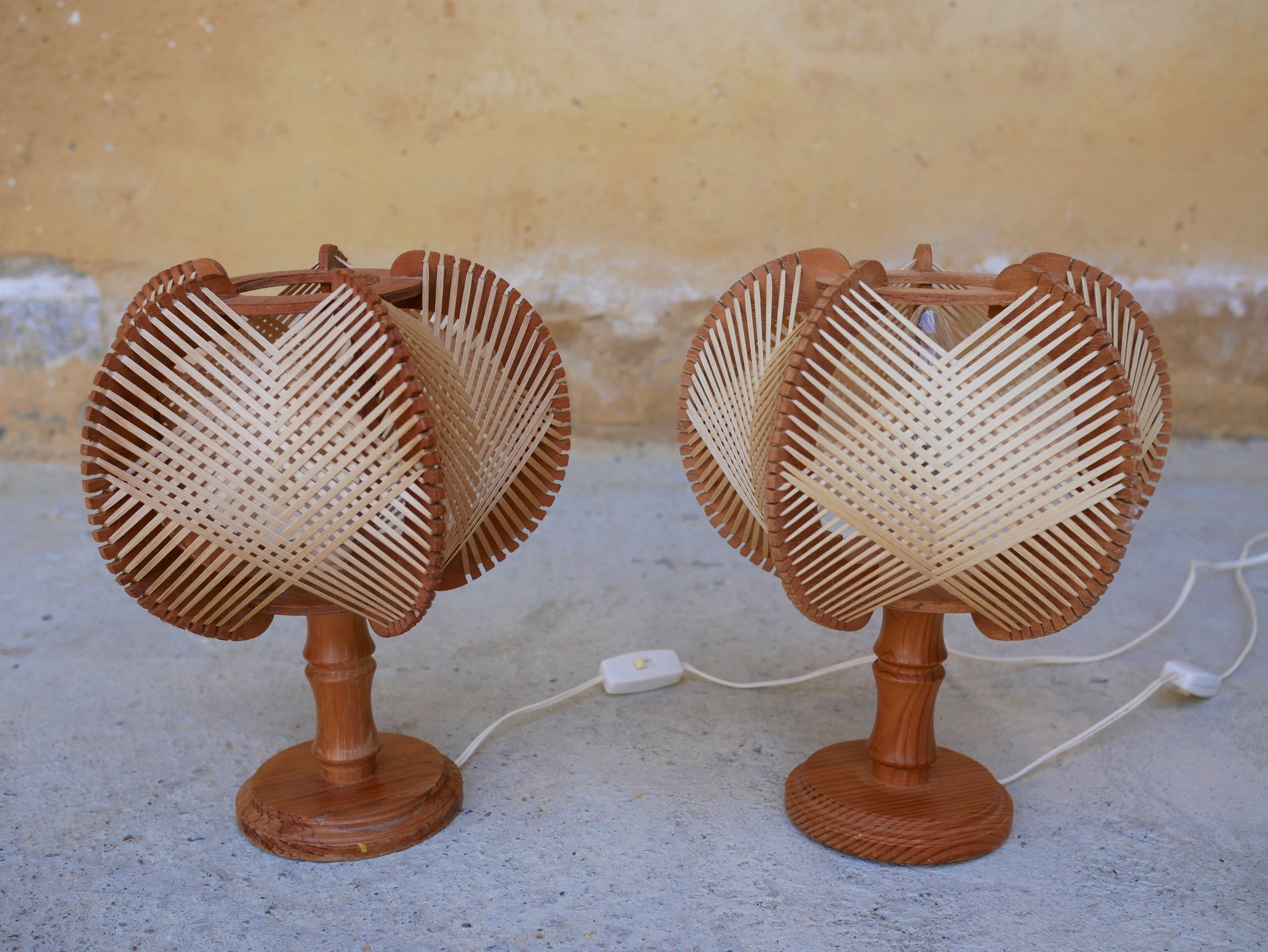 Pair of Scandinavian vintage wood and wire bedside lamps