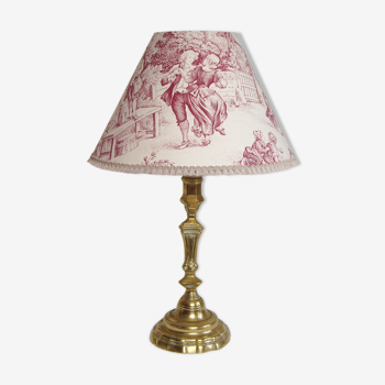 Lampe de table en laiton avec son abat-jour en tissu toile de Jouy ancien