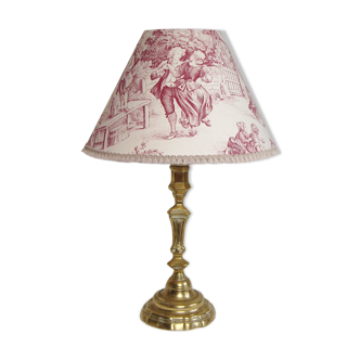 Lampe de table en laiton avec son abat-jour en tissu toile de Jouy ancien
