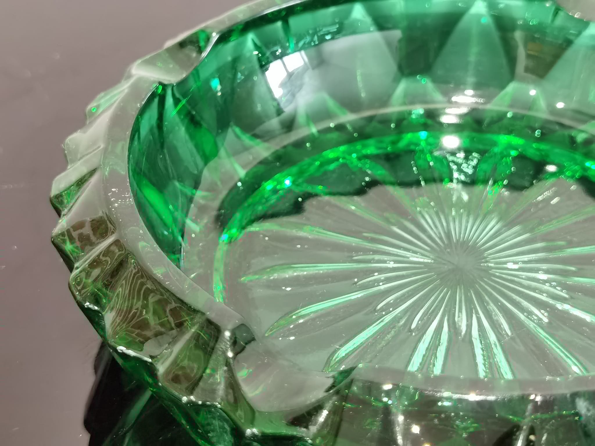 Ashtray in transparent cut glass green color made in france