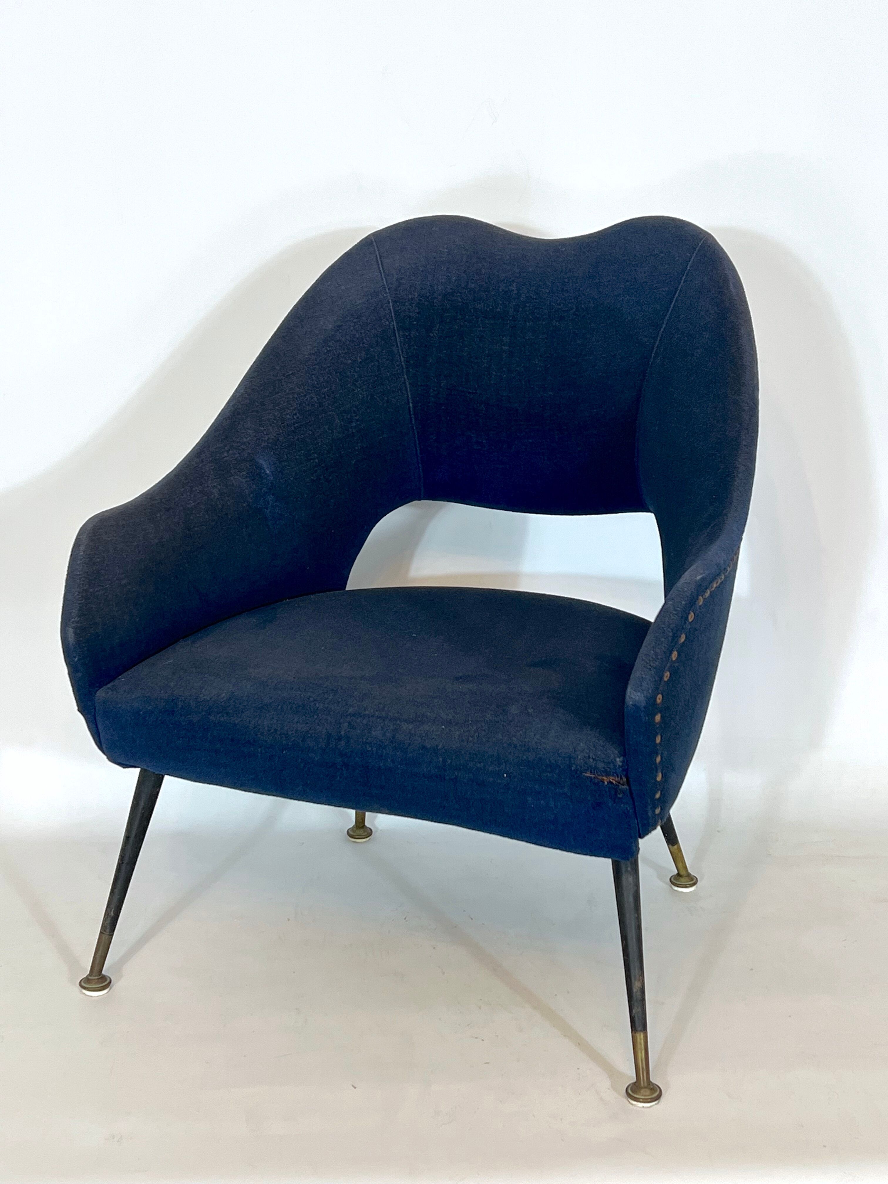 Vintage Italian blue fabric and brass armchair from 50s
