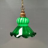 green hanging lamp in double layer glass (white inside) with wooden top and safety chain,