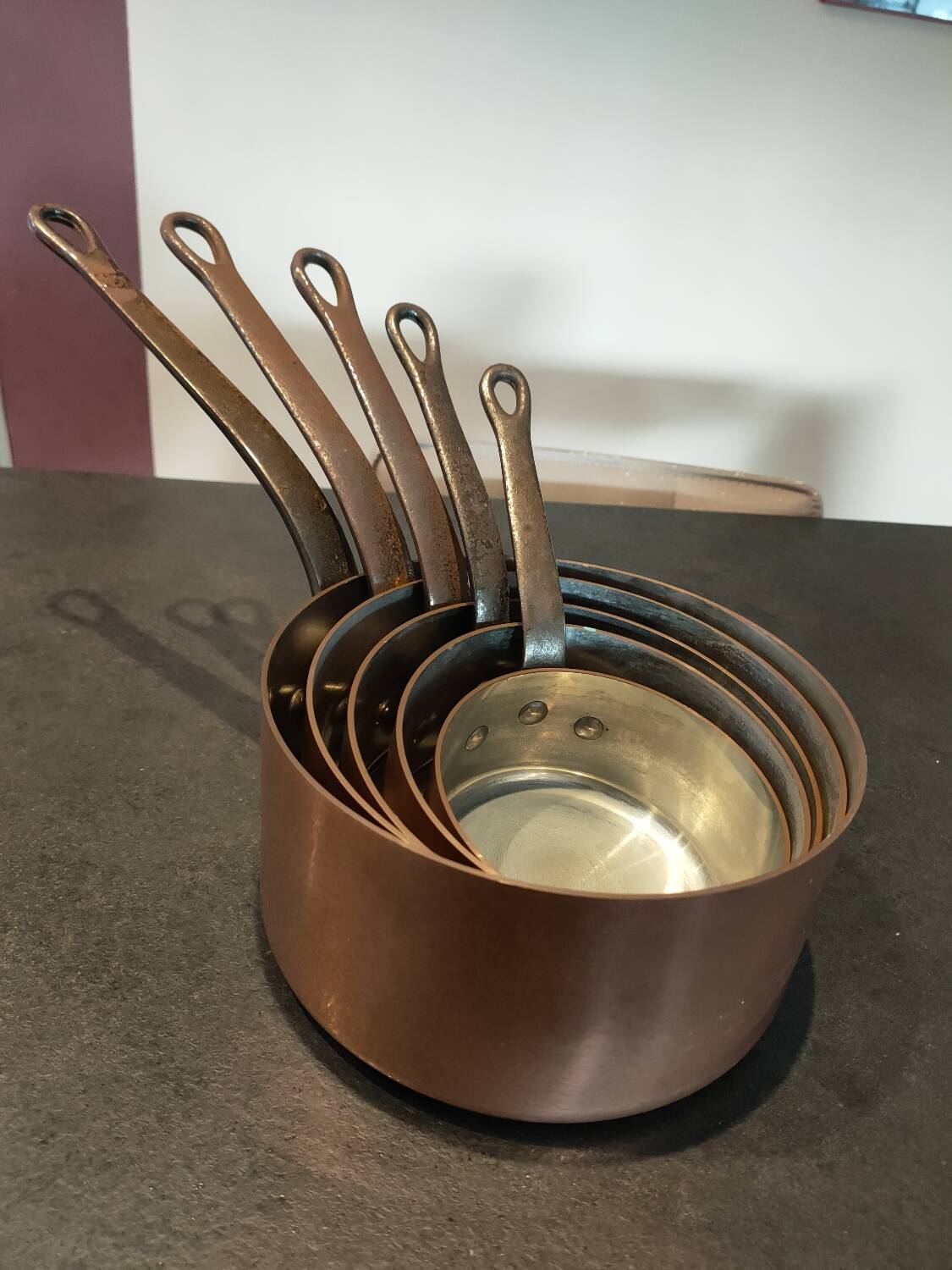 Set of 5 tinned copper pans