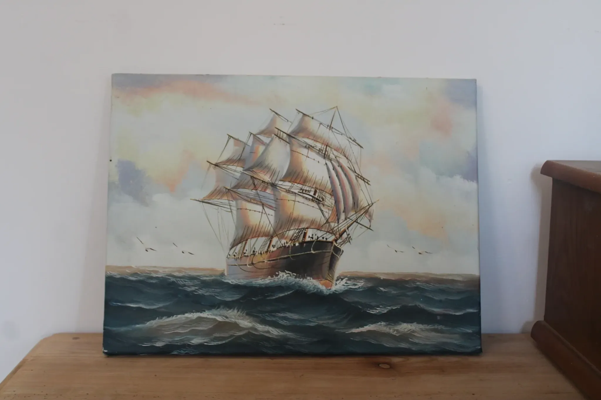 Marine painting on canvas – Large sailing ship at sea – 40 × 30 cm