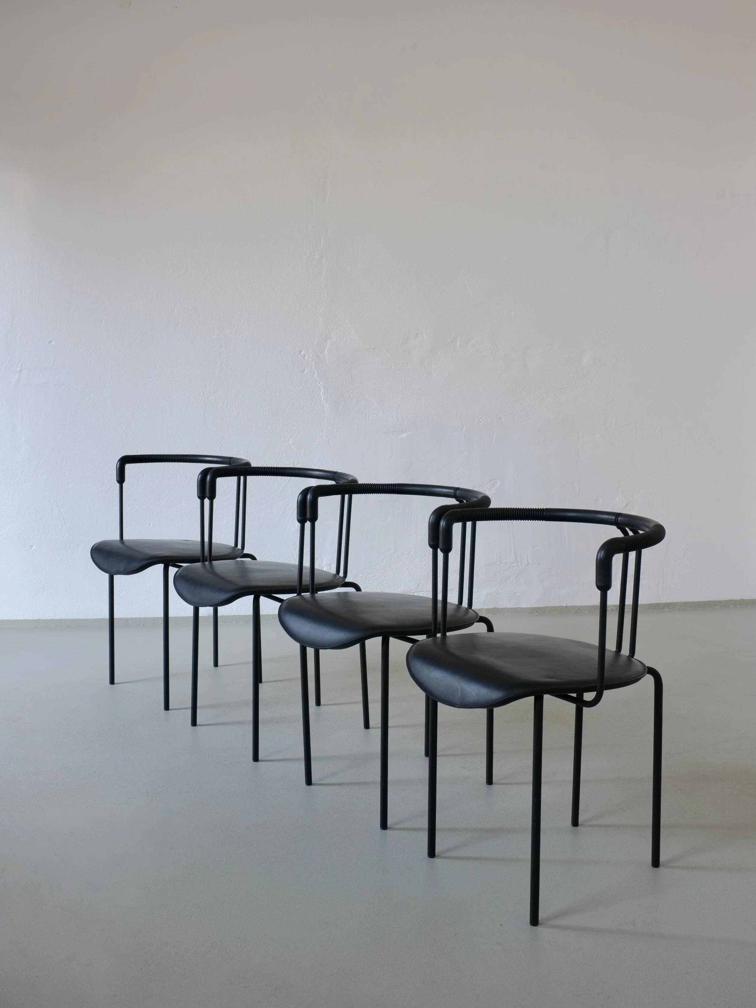 4 postmodern black leather armchairs from Cidue, Italy, 1990s