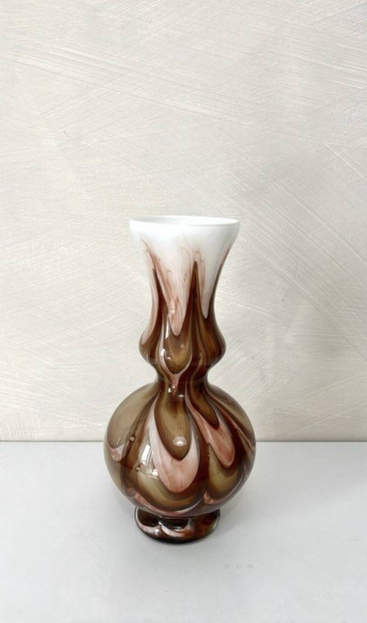 Murano glass vase, white and brown opaline with a swirl pattern from the 1970s.