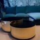 Simple Auxiliary Table, Half-Moon Shape, Brass/Steel and High Gloss Laminate, Size L