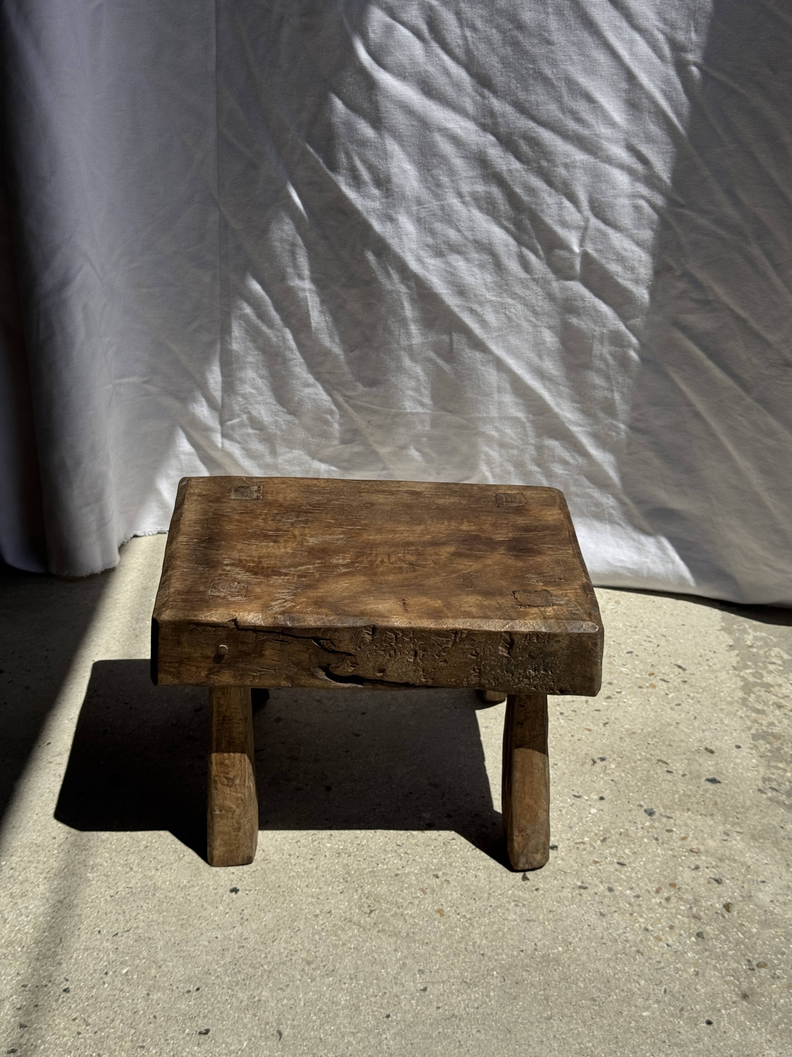 Small stool, rectangular accent stool in solid teak wabi-sabi H26