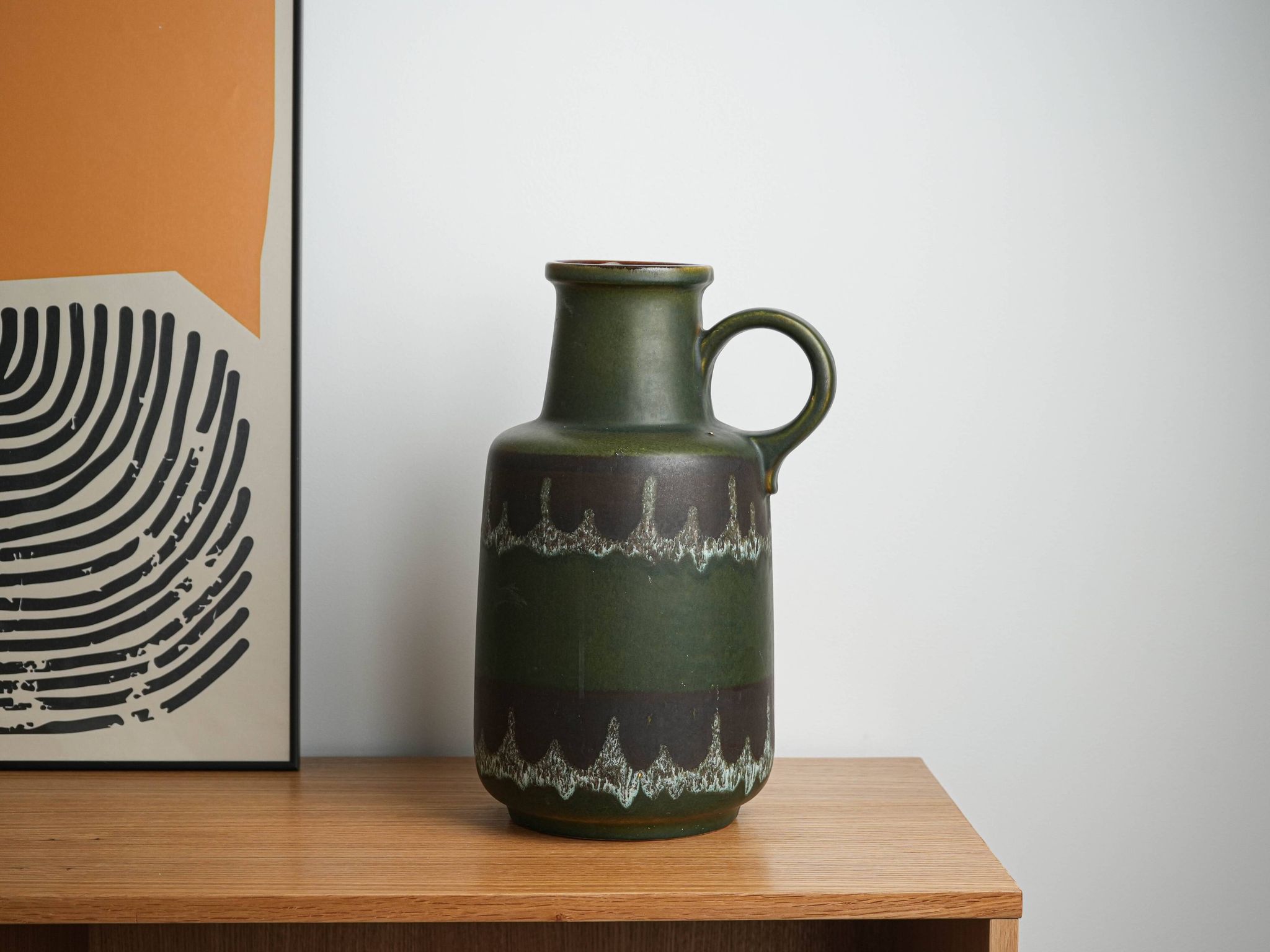 Vase en céramique fat lava avec poignée, glaçure verte, Allemagne de l'Ouest, années 1970