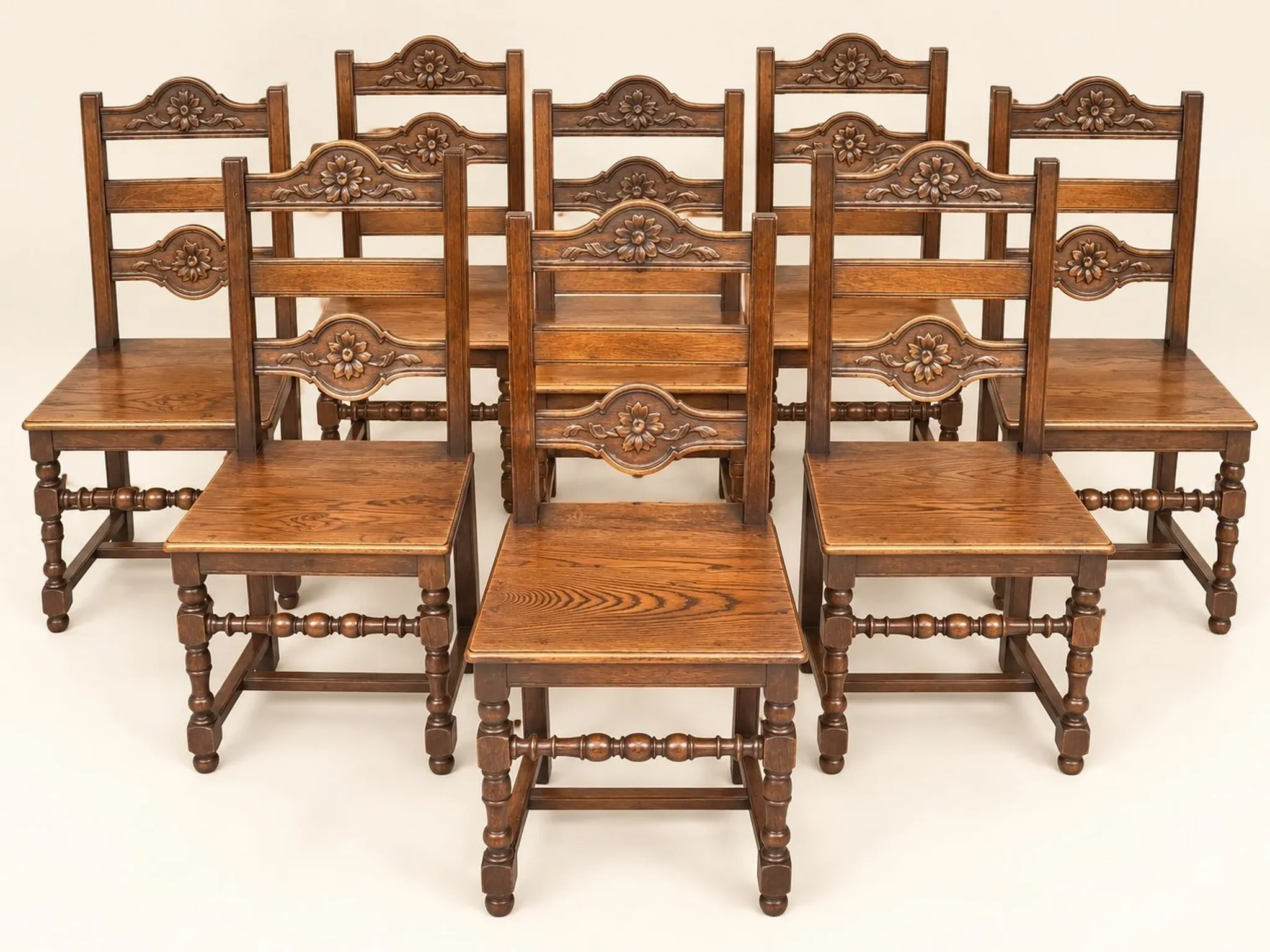Set of 8 Rustic Chairs in Henri II Style, Carved Oak