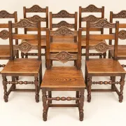 Set of 8 Rustic Chairs in Henri II Style, Carved Oak