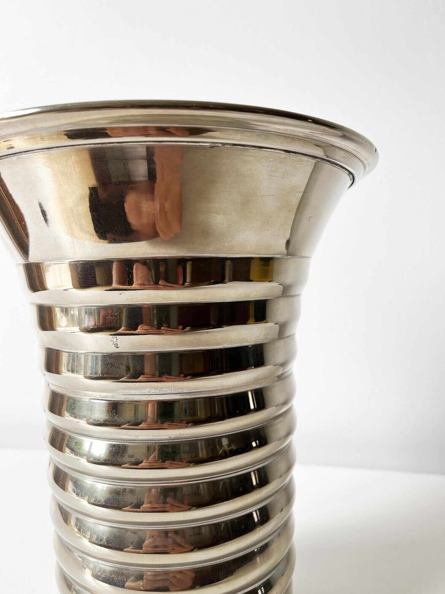 Vintage modernist striped polished aluminium vase