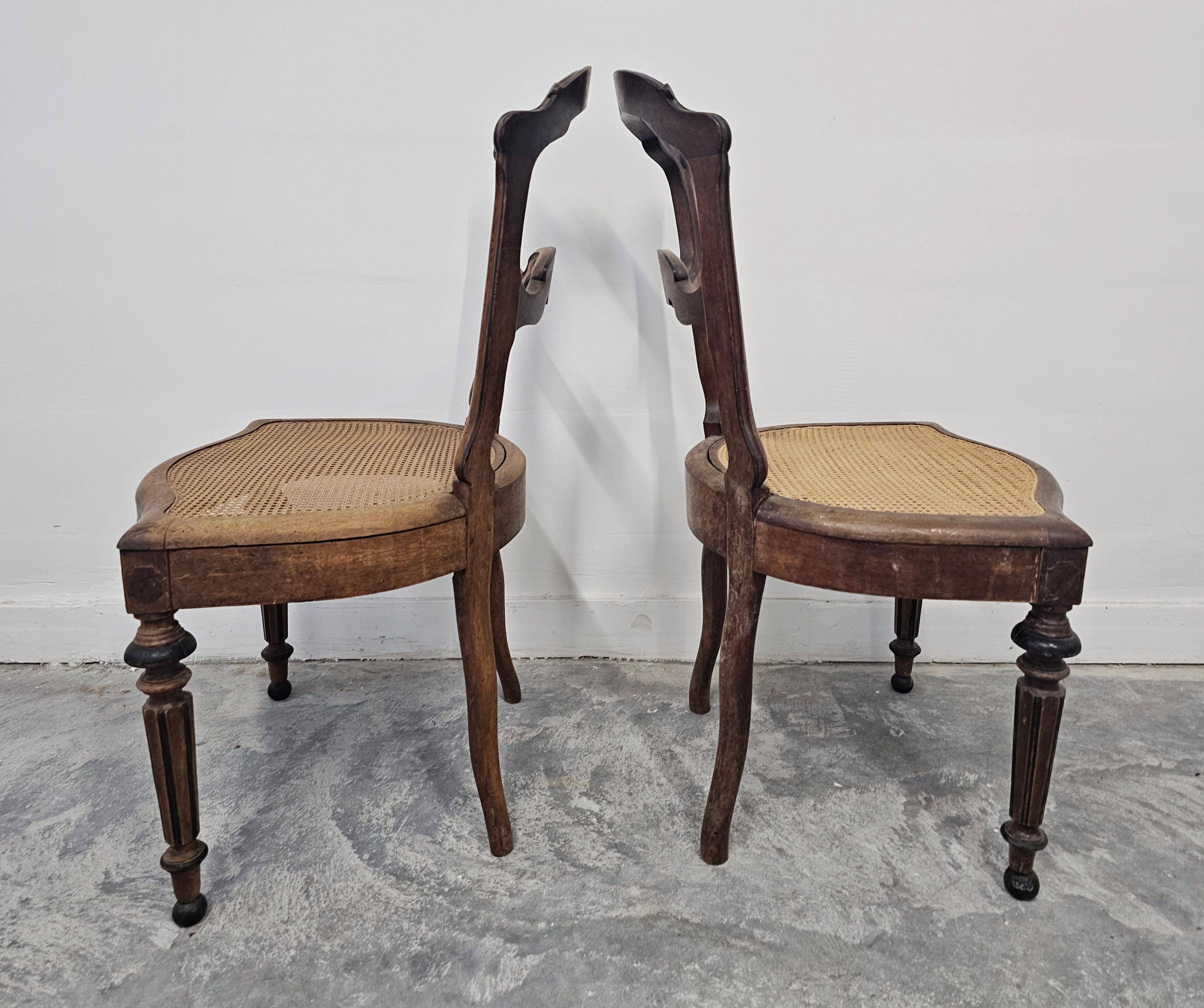 Set of 6 antique dining chairs in solid walnut, cane seats, 19th century.