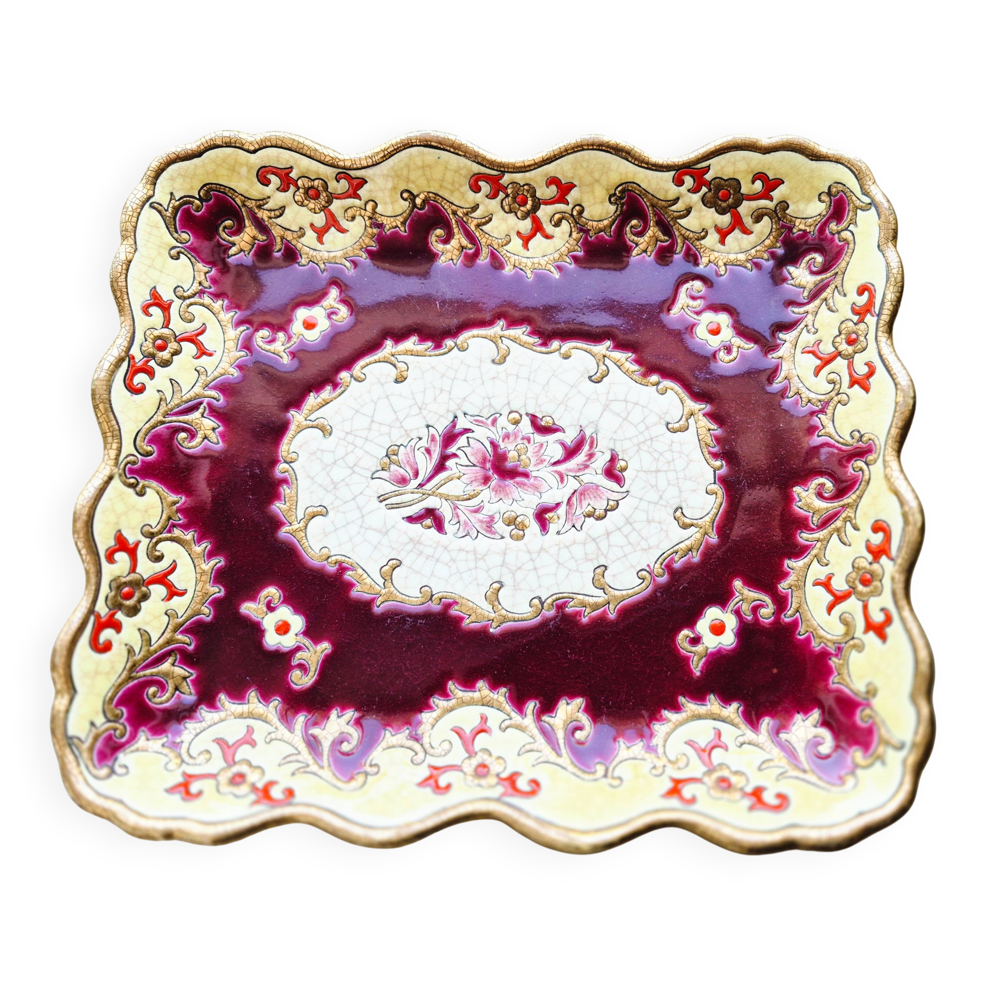 Antique Longwy enamel dish, "Plaisance" model, red and gold