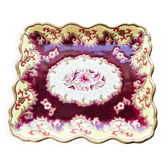 Plat ancien en émaux de Longwy , modèle "Plaisance ", rouge et or
