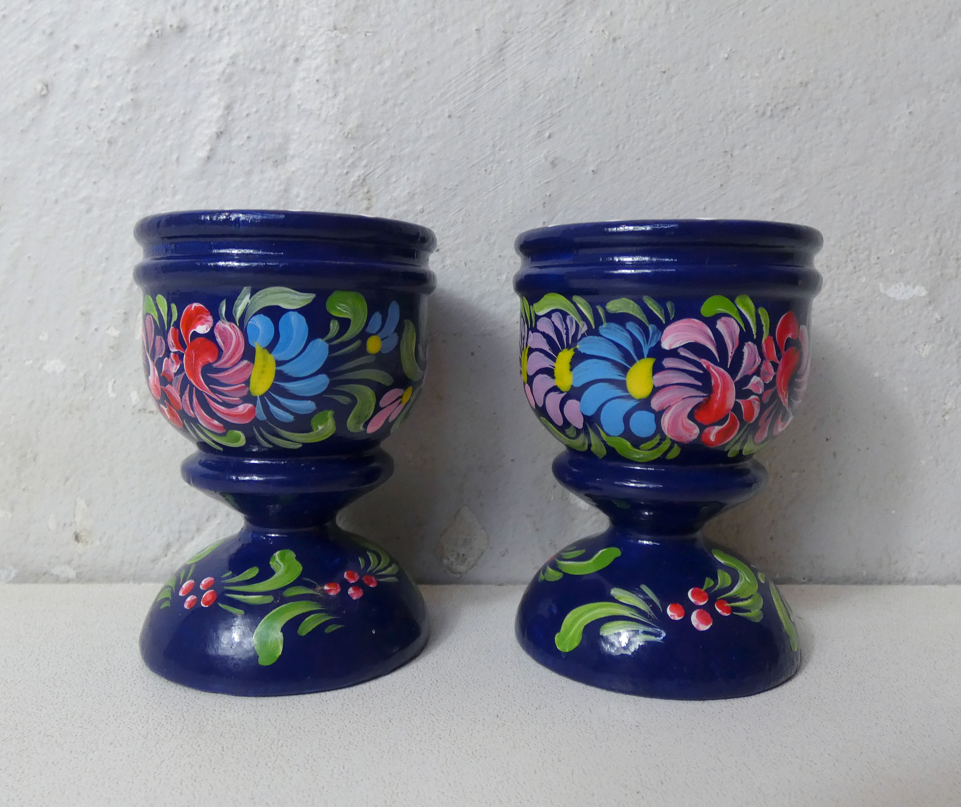 Pair of folk ethnic art coquetiers in vintage turned wood