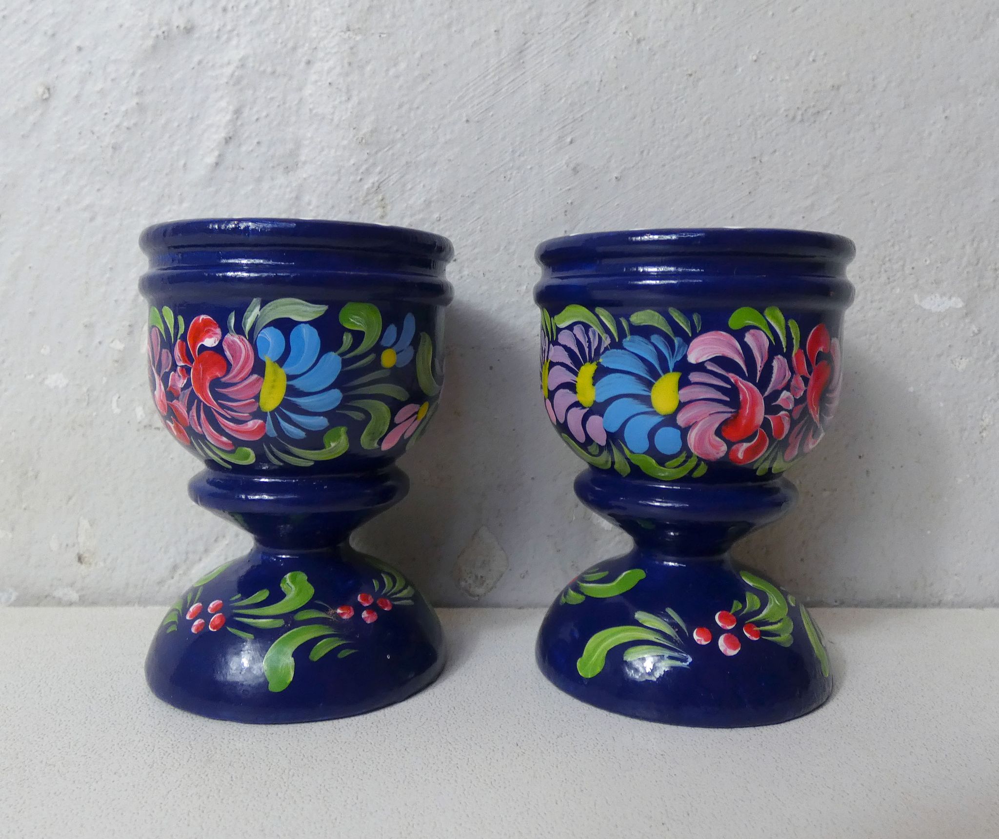 Pair of folk ethnic art coquetiers in vintage turned wood