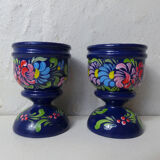 Pair of folk ethnic art coquetiers in vintage turned wood