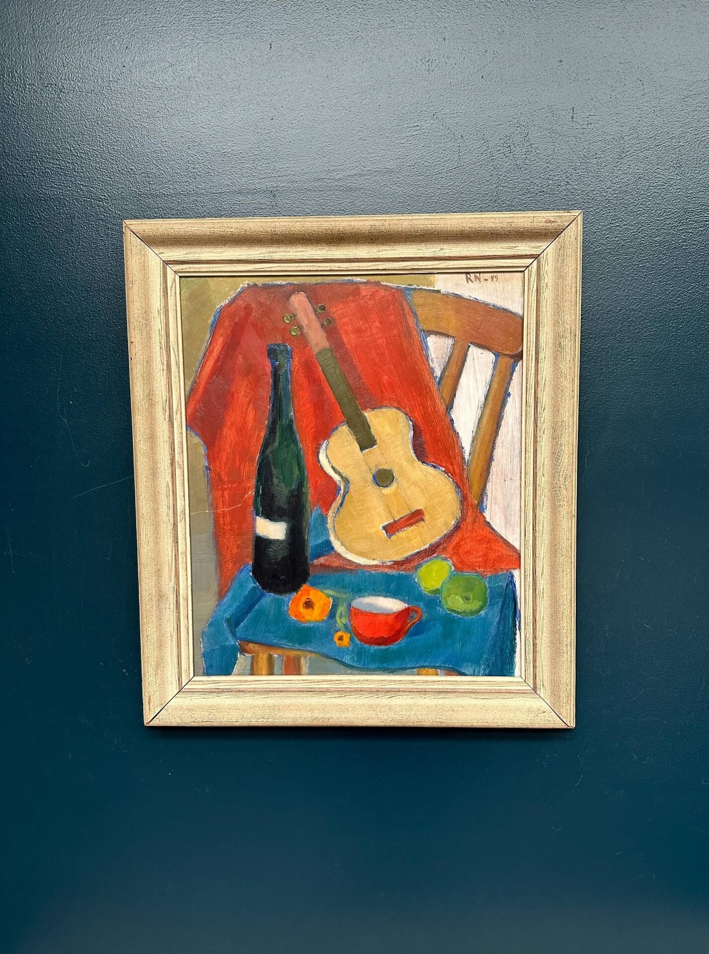Swedish Oil on Canvas – “Still Life with Guitar and Wine Bottle”