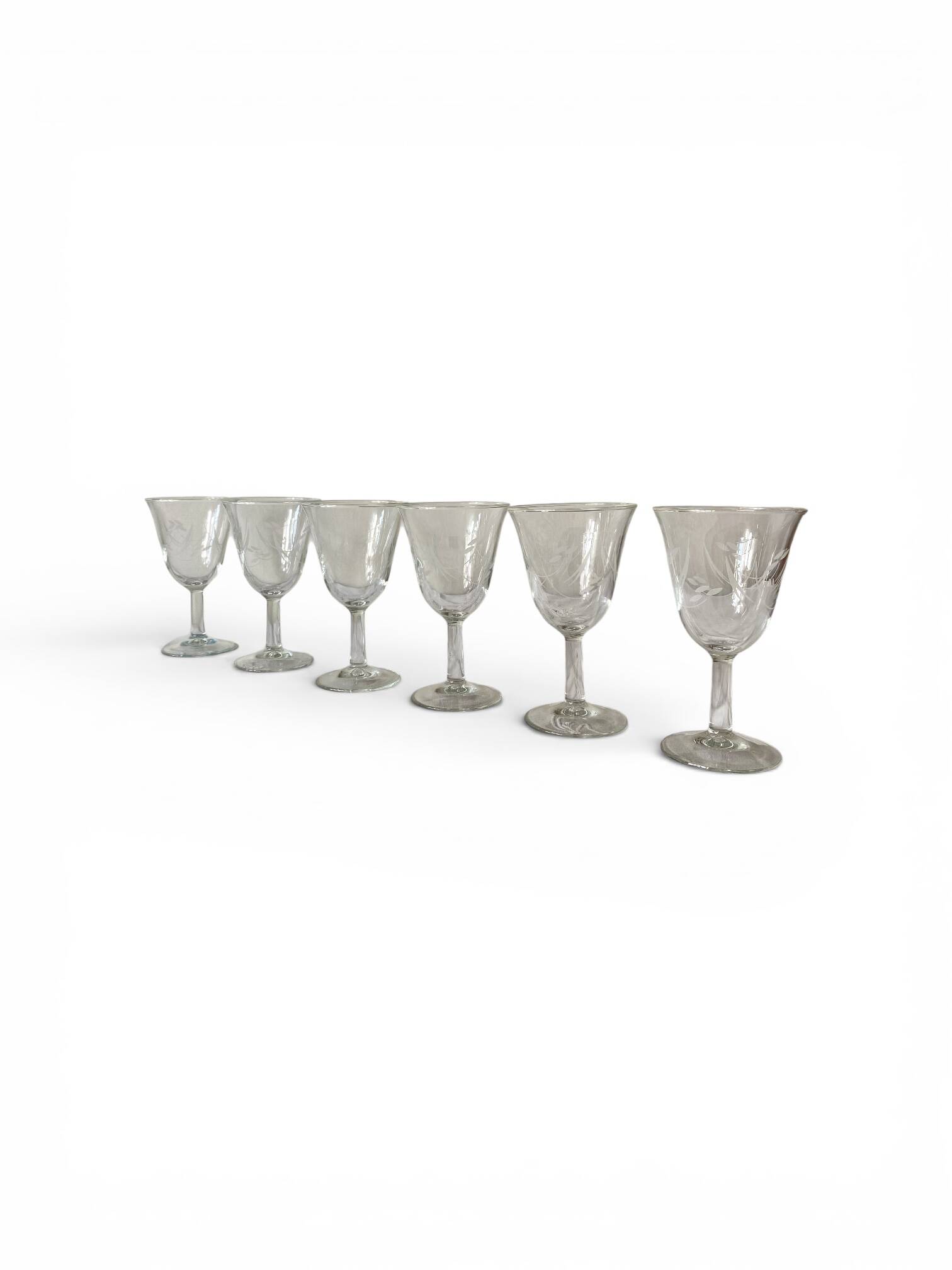 6 antique engraved stemmed glasses with stylised flowers, for wine or water.