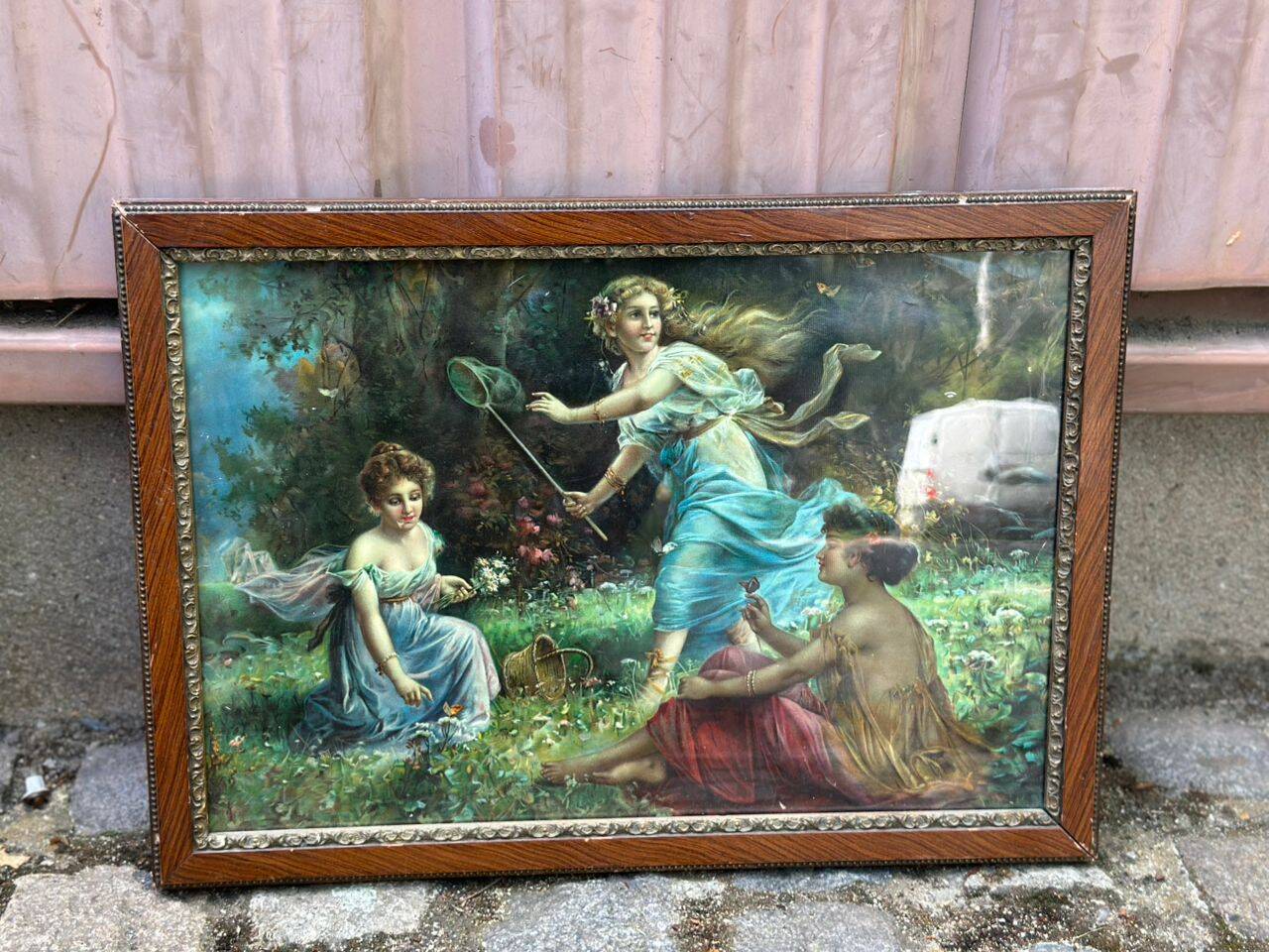 Lithographic tableau of a bucolic scene from the 20th century.