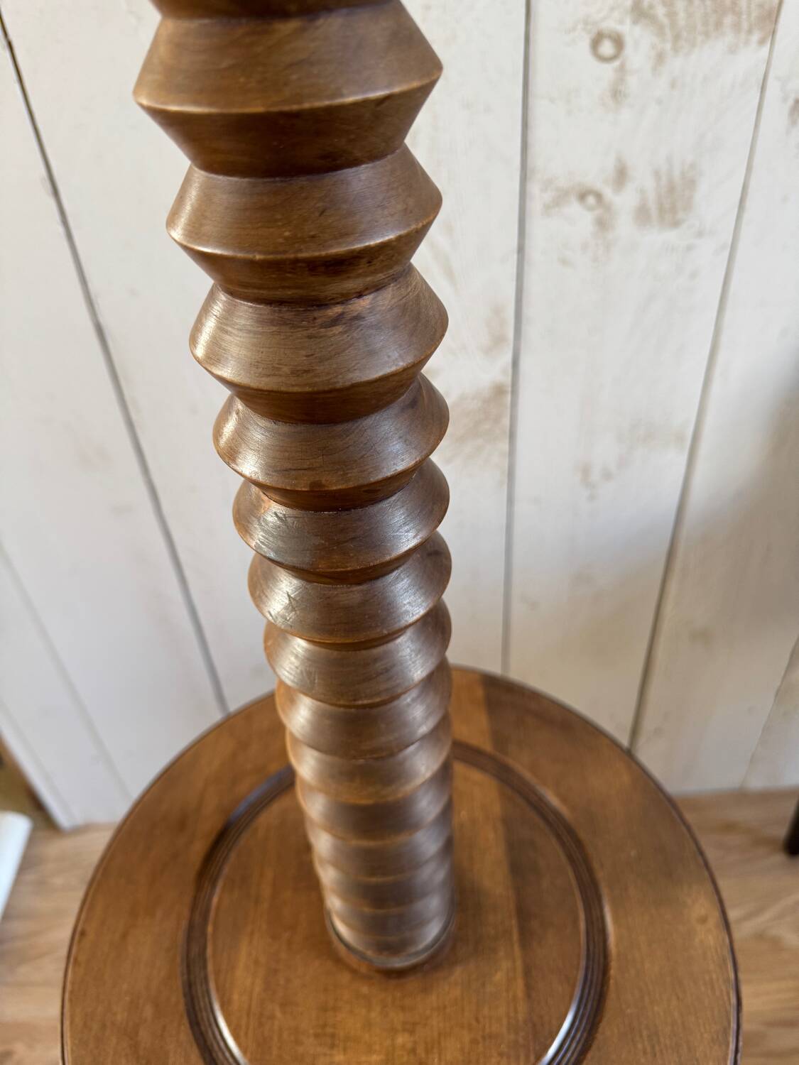 Turned wooden floor lamp