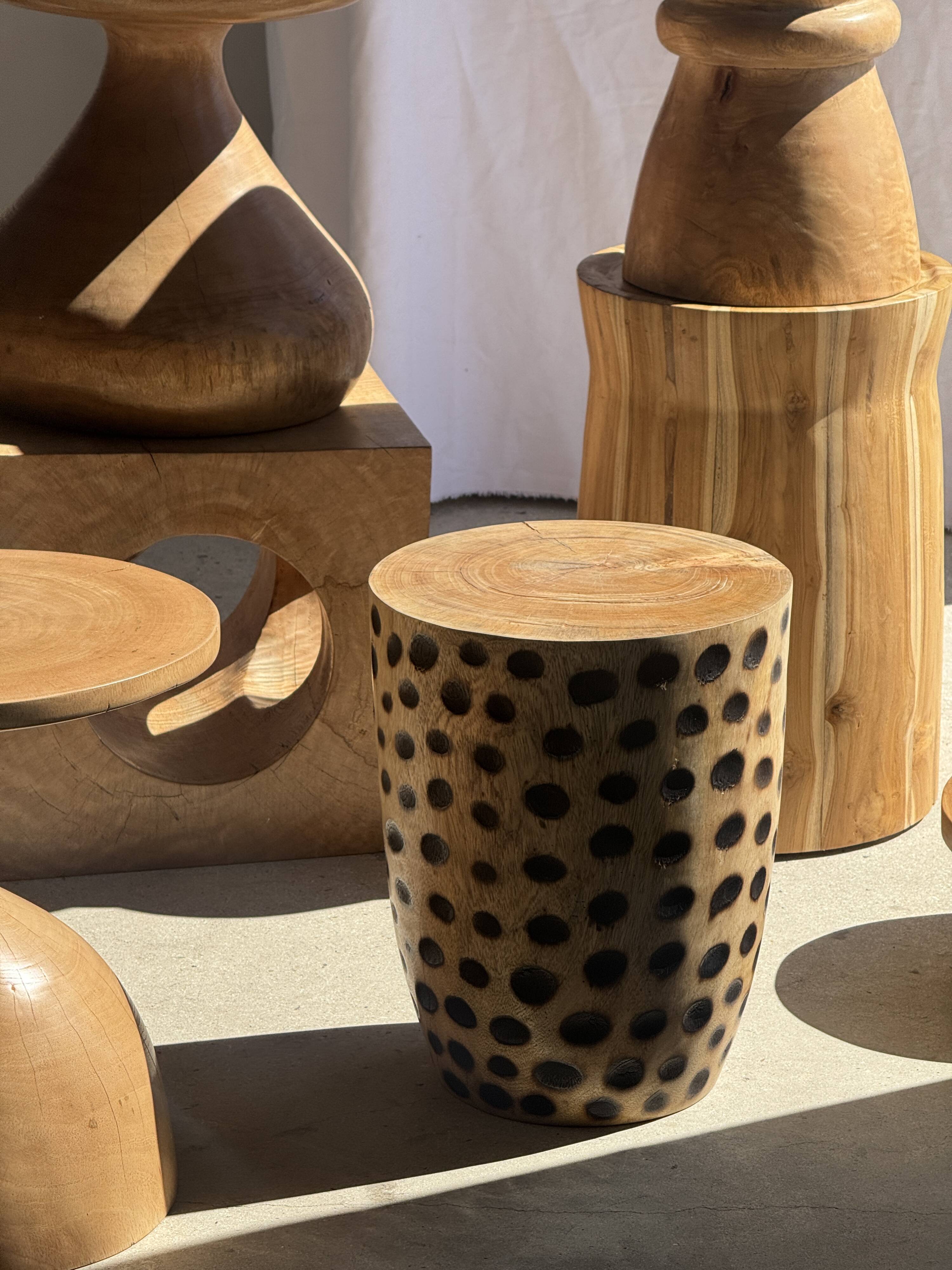 Stool, side table, cylindrical solid mango wood end table.