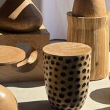 Stool, side table, cylindrical solid mango wood end table.