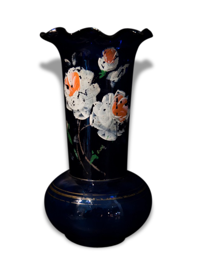 Vase ancien en verre bleu peint à la main.