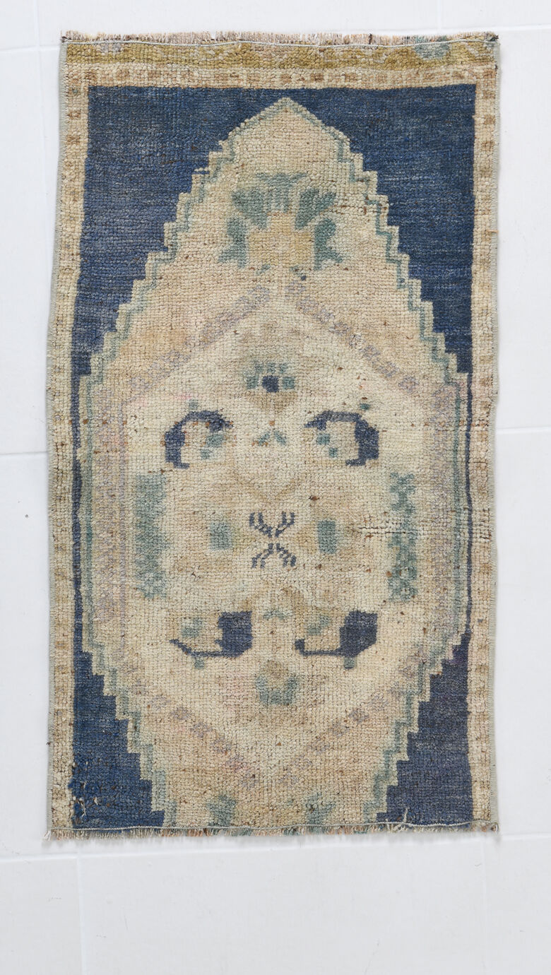 1X2 Blue vintage door mat rug, 1x2 Blue door mat rug, 2.7x1.5 Ft