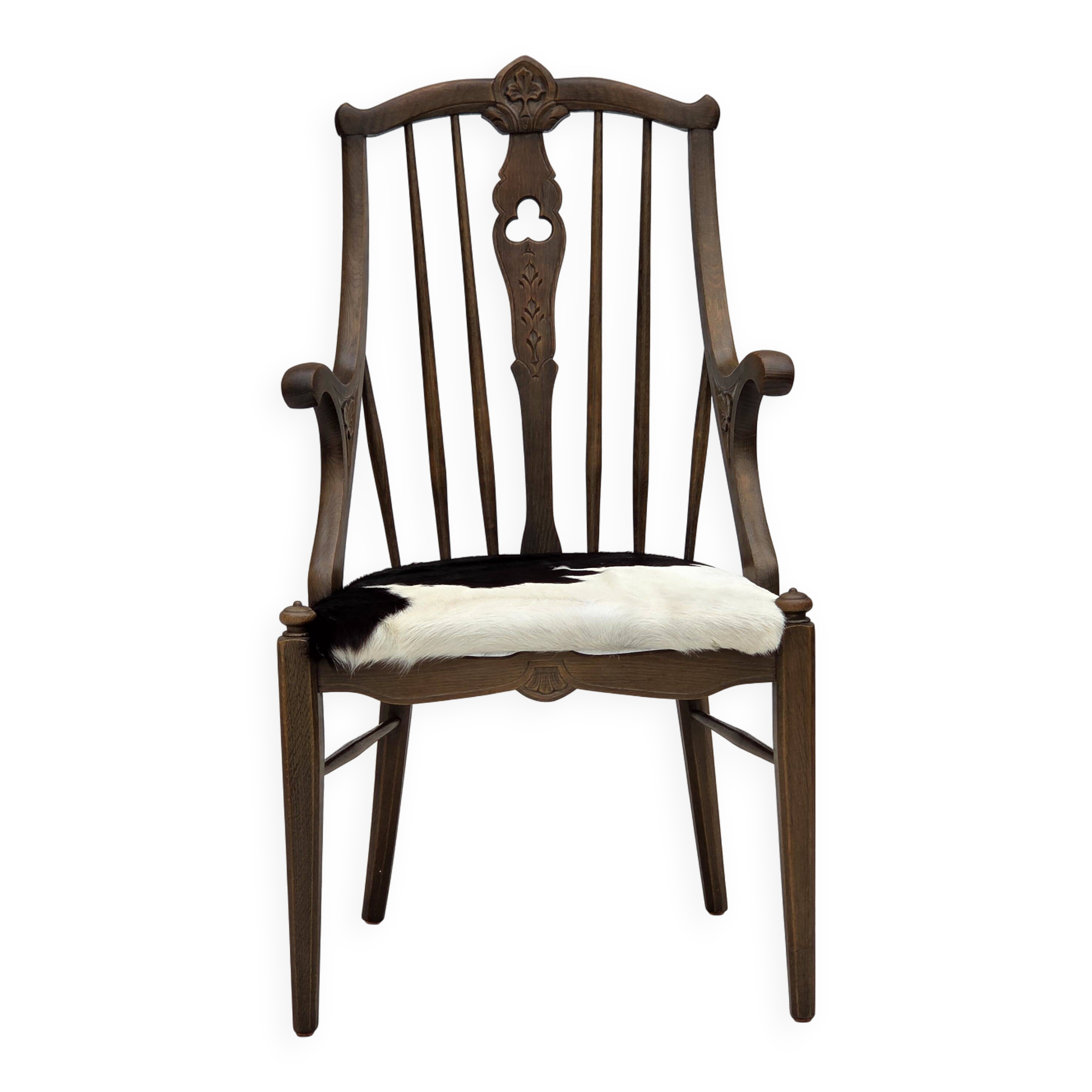 1960s, Danish high-backed armchair, reupholstered, furniture cowhide, oak.