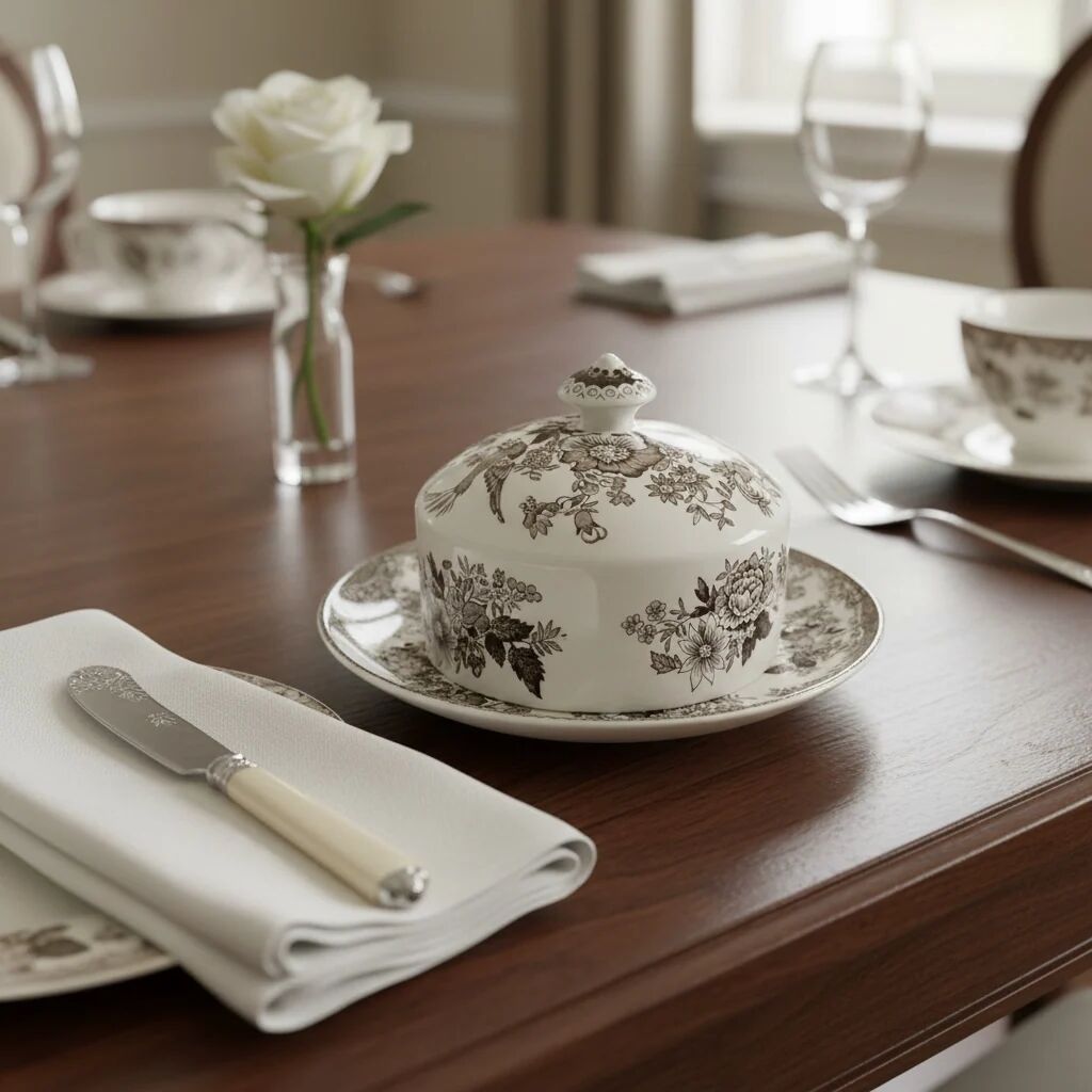 Beurrier en céramique blanc et marron avec des faisans Wedgwood