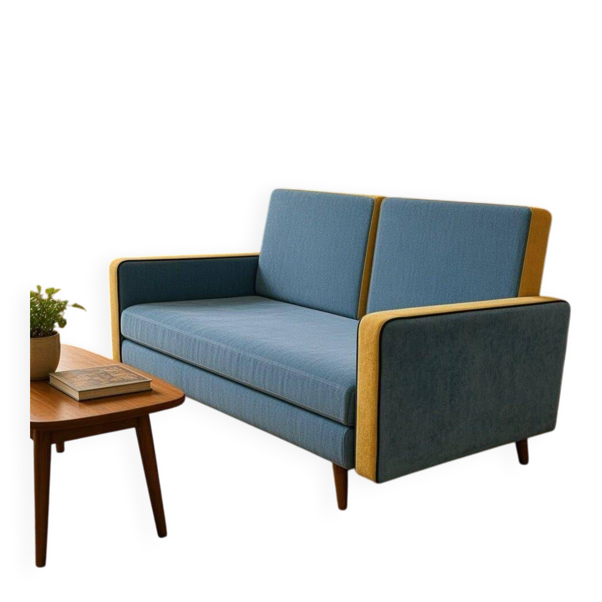 Vintage blue armchair/daybed/sofa bed with yellow accents.