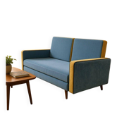 Fauteuil/lit de jour/canapé-lit bleu vintage avec accents jaunes