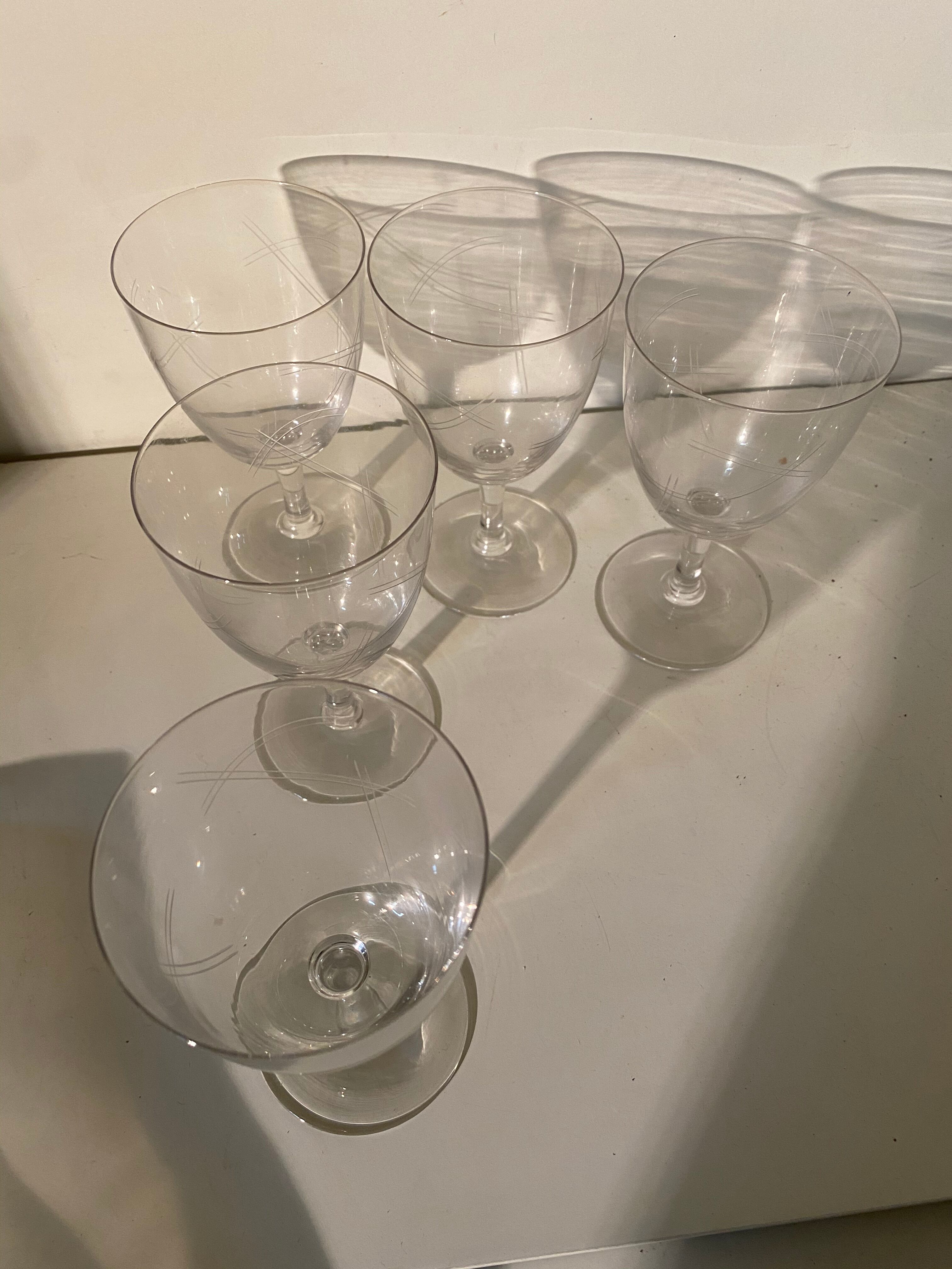 Set of 5 engraved antique wine glasses