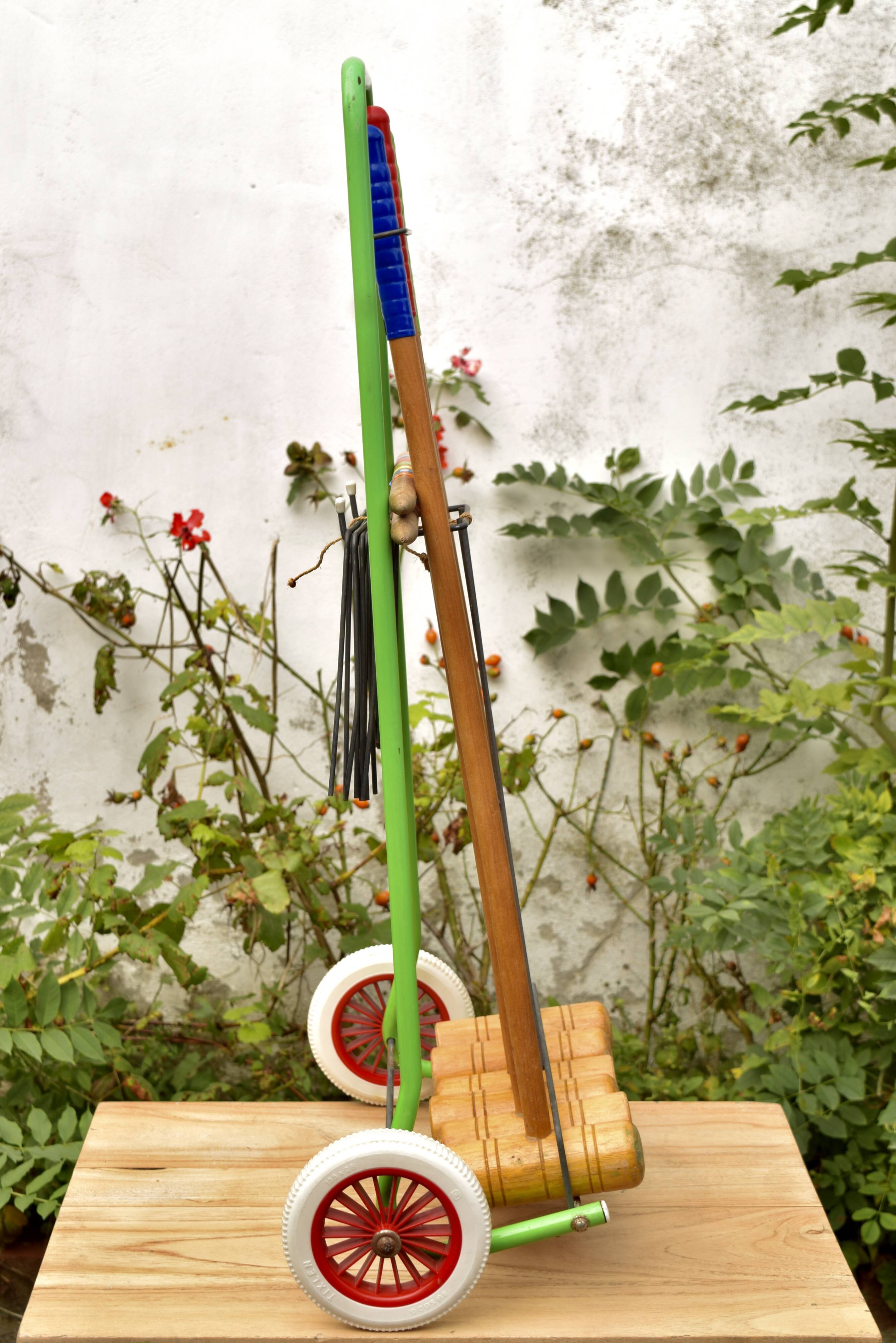 Old large wooden croquet game - metal cart - 1970