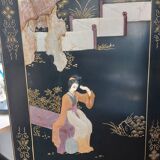 Chinese screen in black lacquer and marble stone