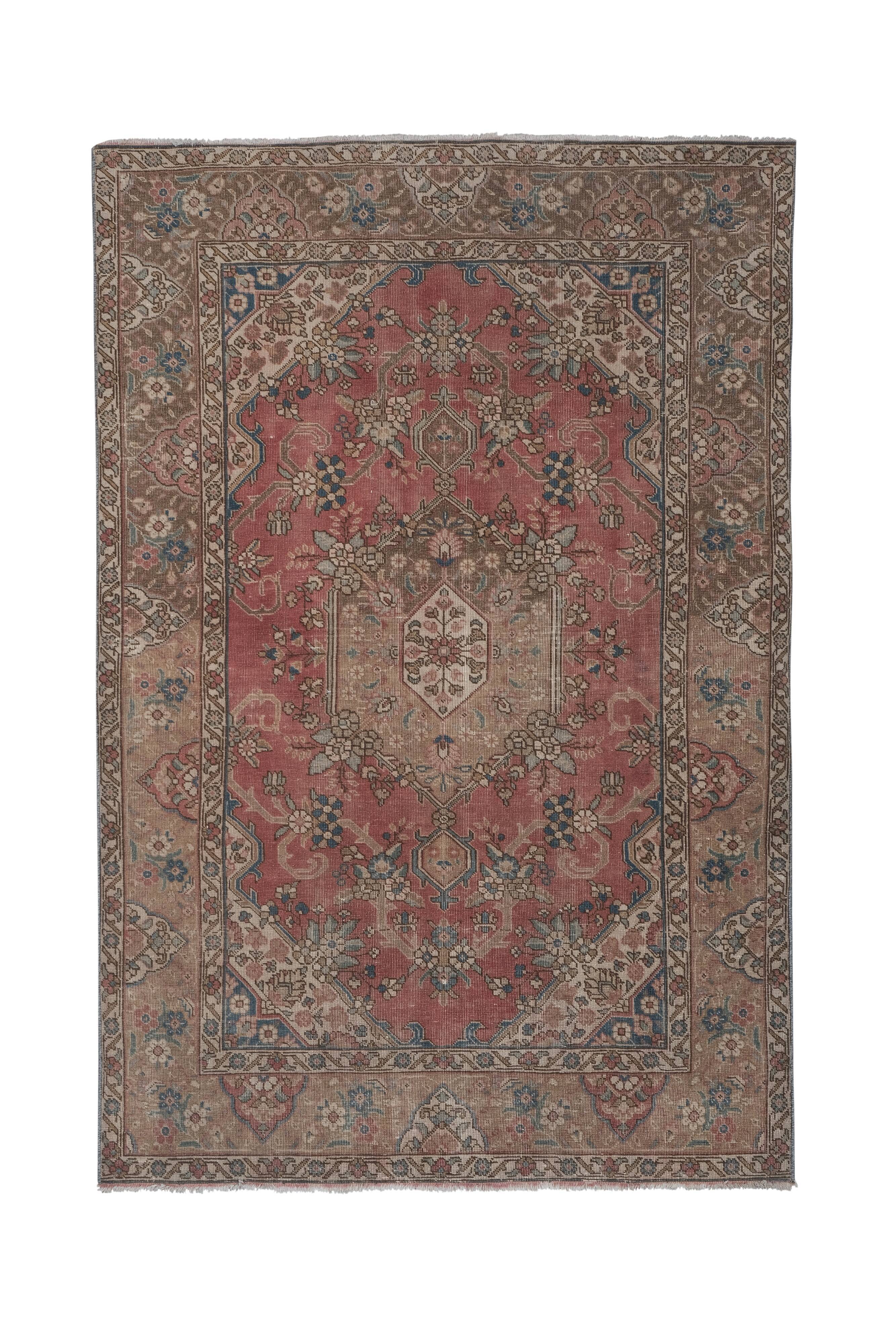 Vintage Handknotted Turkish Unusual Rug with Floral Border 4'5" X 6'4"