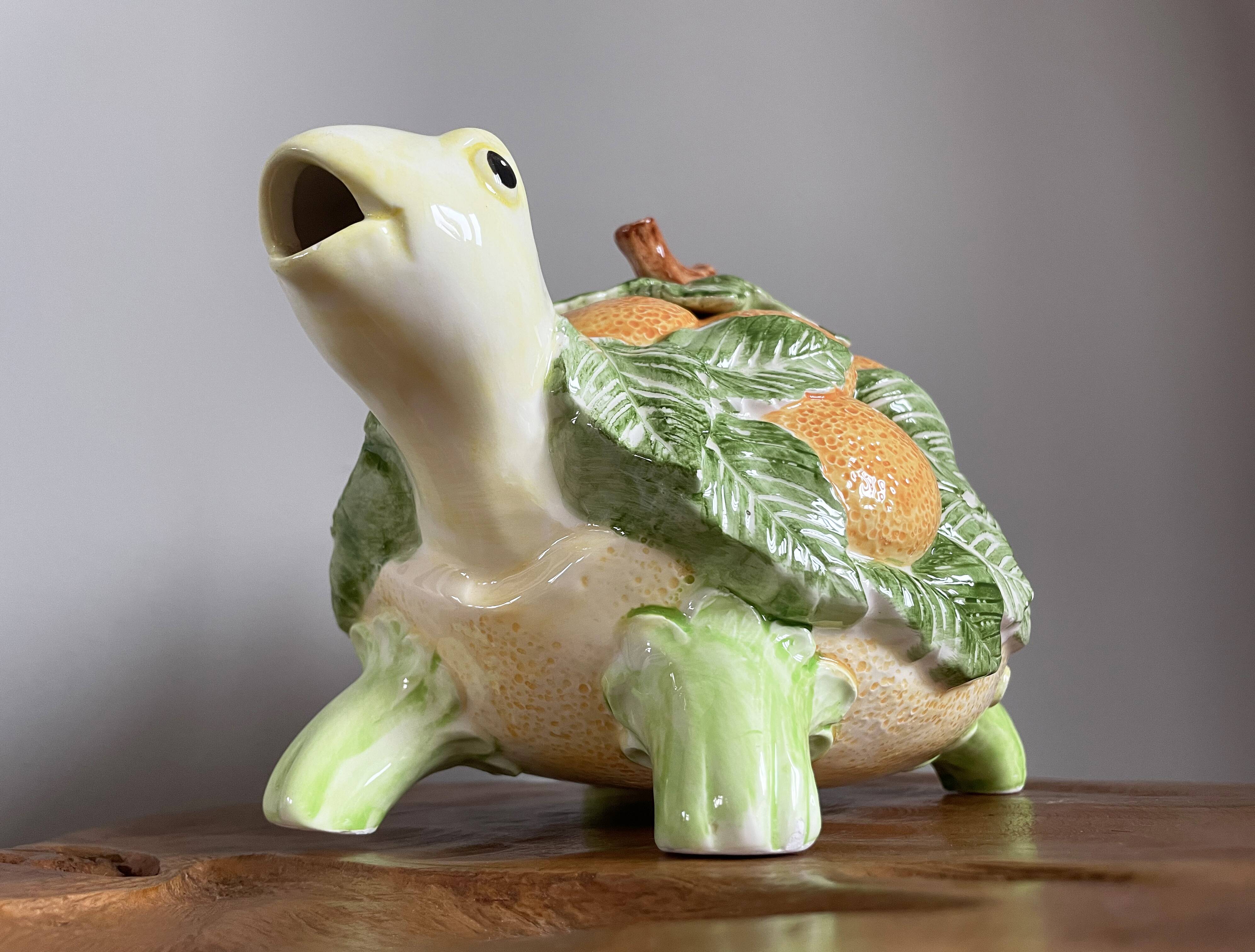 Fitz & Floyd ff1986 turtle jug or teapot with oranges and leaves, american majolica tableware