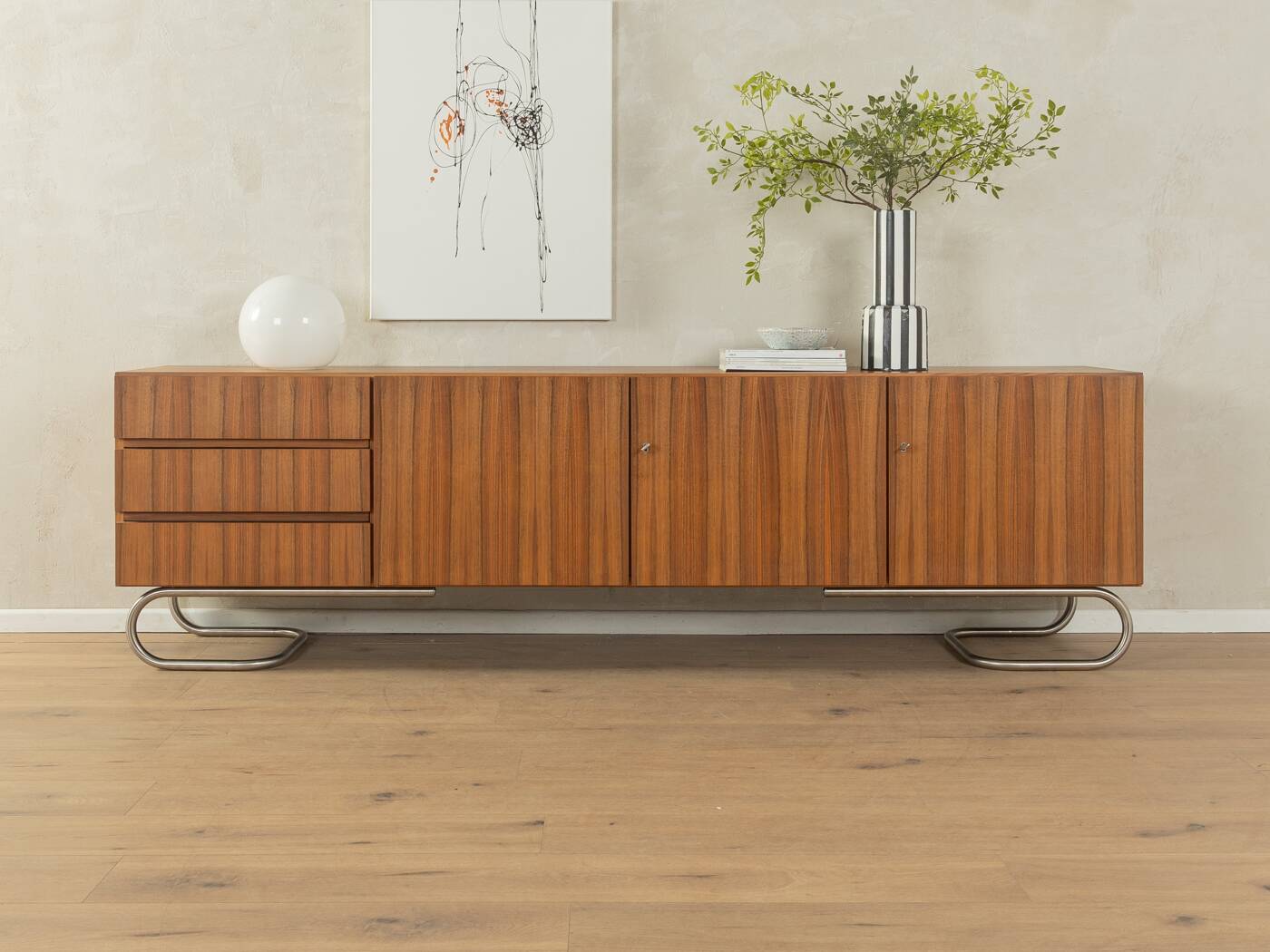 Classic sideboard from the 1960s, walnut veneer, Bauhaus stainless steel feet