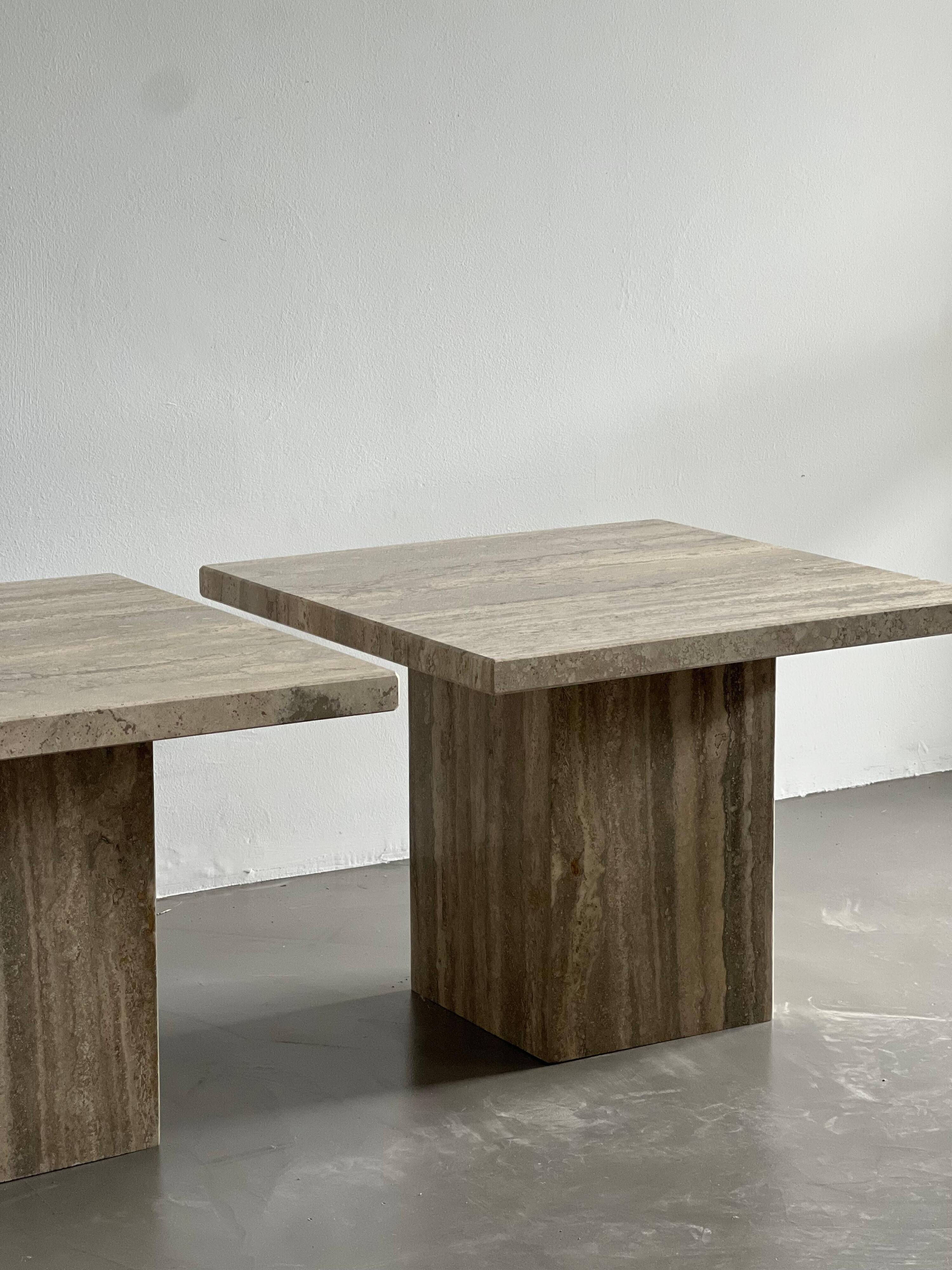 Set of Two Mid-Century Modern Side Tables in Travertine, Urban Wabi Style, Pair
